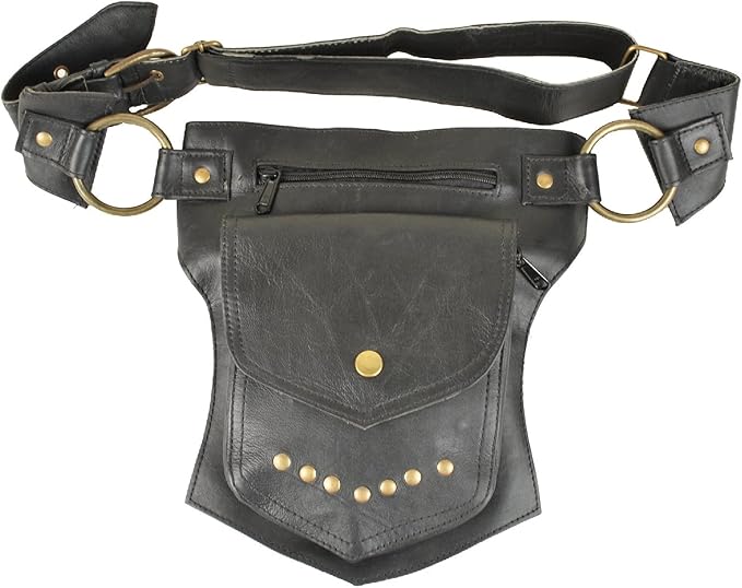 Black Leather Travel Belt, Fanny Pack with Gold Studs and Metal Grommets, for Men & Women, One Size Fits All, Perfect for ...