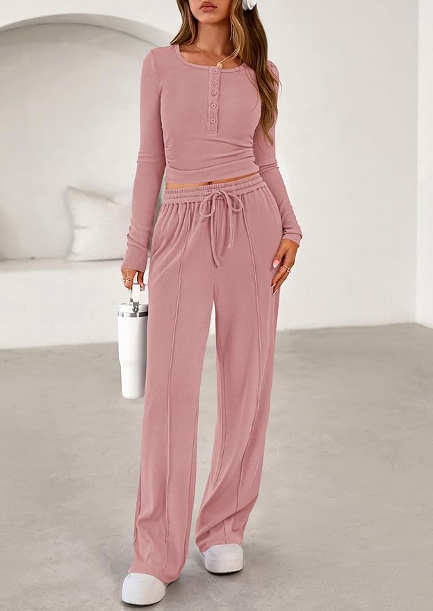 PRETTYGARDEN Women's 2026 Fall Trendy 2 Piece Outfits Lounge Sets Long Sleeve Top Henley Shirts Wide Leg Pants Travel Clothes