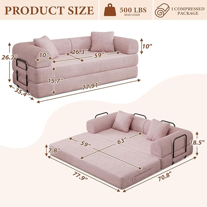 77" Convertible Sofa Bed, Modular Folding Futon Corduroy Floor Foam Compressed Loveseat Sleeper Sofa Couch, Pull Out Queen Size Couch Bed with 2 Pillows for Living Room Guest Room Studio, Pink