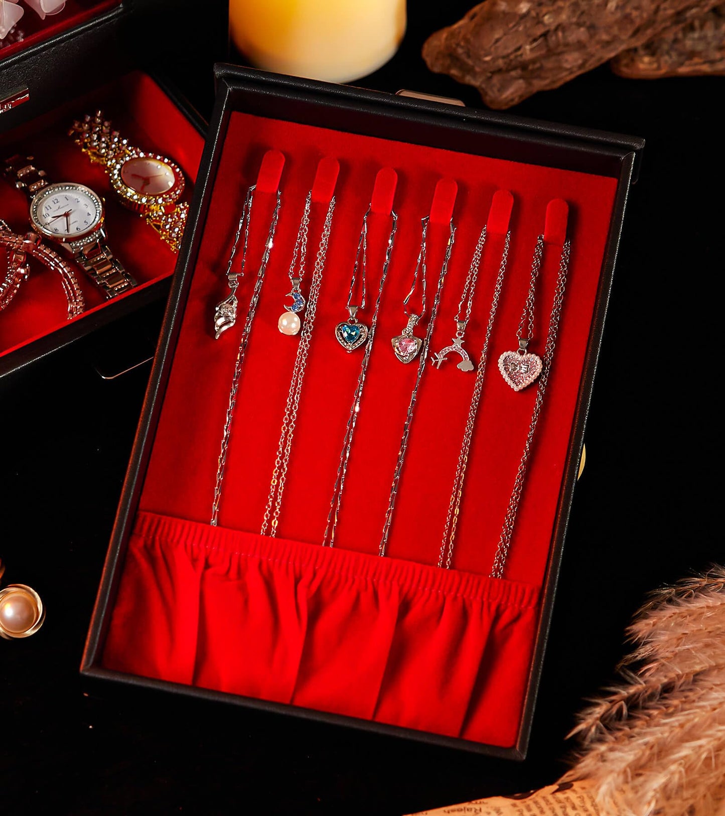Homde Jewelry Organizer with Transparent Window Necklace Hooks Gift for Women Jewelry Box Display Case for Necklaces Rings Earrings Bracelets and Other Accessories (Black + Red)