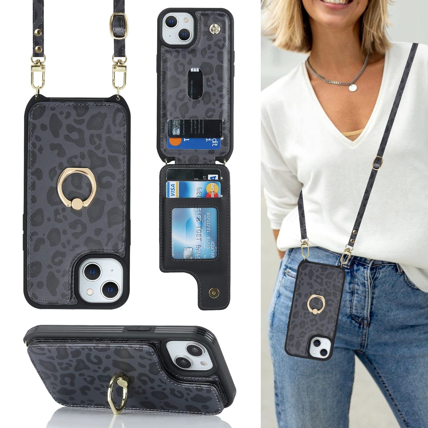 Lipvina For Iphone 13 Case With Card Holder For Women,Phone Case With Strap,Crossbody Lanyard,Ring Stand,Snap Clasp,Cute Wallet