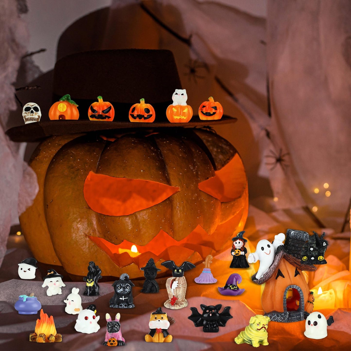Poen 36 Pcs Halloween Miniature Figurines Resin Pumpkin Ghost Halloween Garden Accessories Miniature Decoration Ornament Kit for Outdoor Kitchen House Village Home