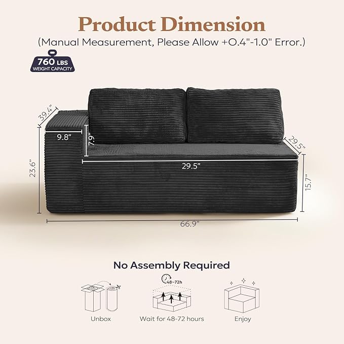 Furnify Loveseat Sofa, Cloud Modular Sofa Couch, Upholstered Floor Sofa with Deep Seat, Upholstered Foam Couch for Bedroom Living Room, No Assembly Required (Plush Corduroy Fabric, Black)