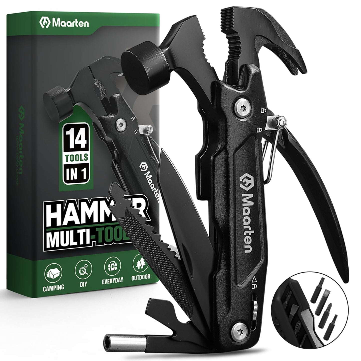 Maarten Stocking Stuffers for Adults Men - Gifts for Dad from Daughter Son - Upgraded 14 in 1 Hammer Multitool with Safety Lock, Screwdriver Set and Durable Sheath - Ideal Birthday Gift for Father