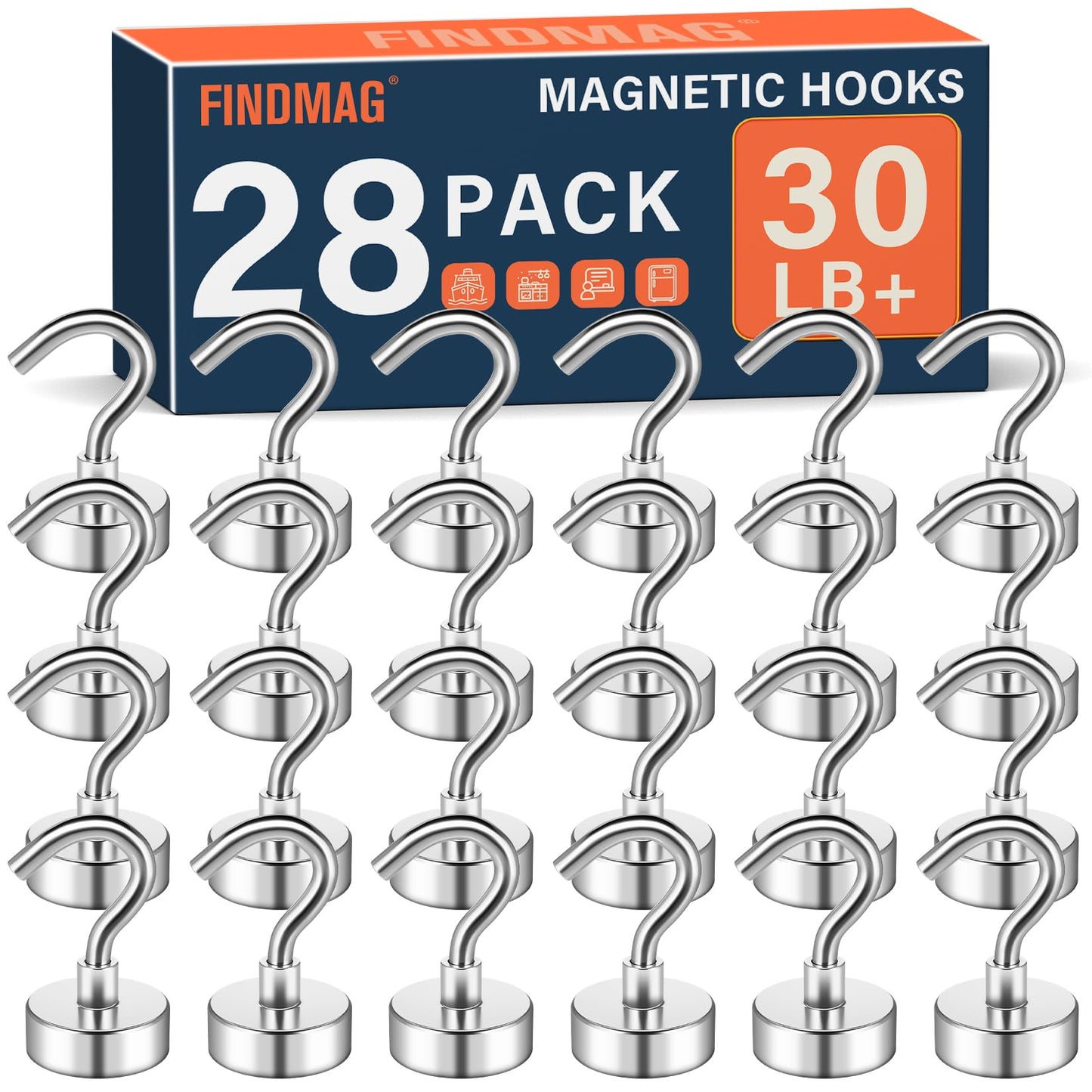 FINDMAG 28 Pack Magnetic Hooks, 30LB Strong Magnet Hooks for Cruise Cabins, Heavy Duty Magnets with Hook for Hanging Dog Leash, Locker, Toolbox, Storage and Grill (Silver)