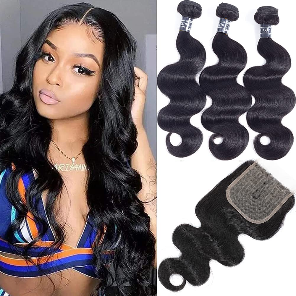 Amella Hair Brazilian Virgin Remy Body Wave Bundles with T Part Closure 4x0.75 Middle Part(18 20 22+16) 8A Body Wave Human Hair