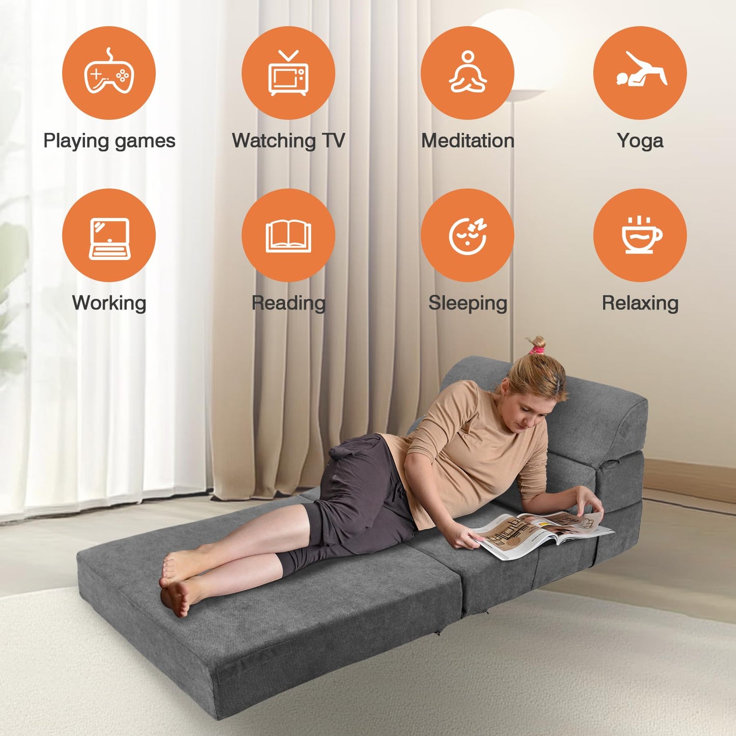 LitaiL Comfy Folding Sofa Bed - Grey Convertible Sleeper Sofa Fold Out Sleeper Chair Couch for Living Room Bedroom Guest, Foldable Floor Chair Lounger Mattress with Back Support for Travel, Camping