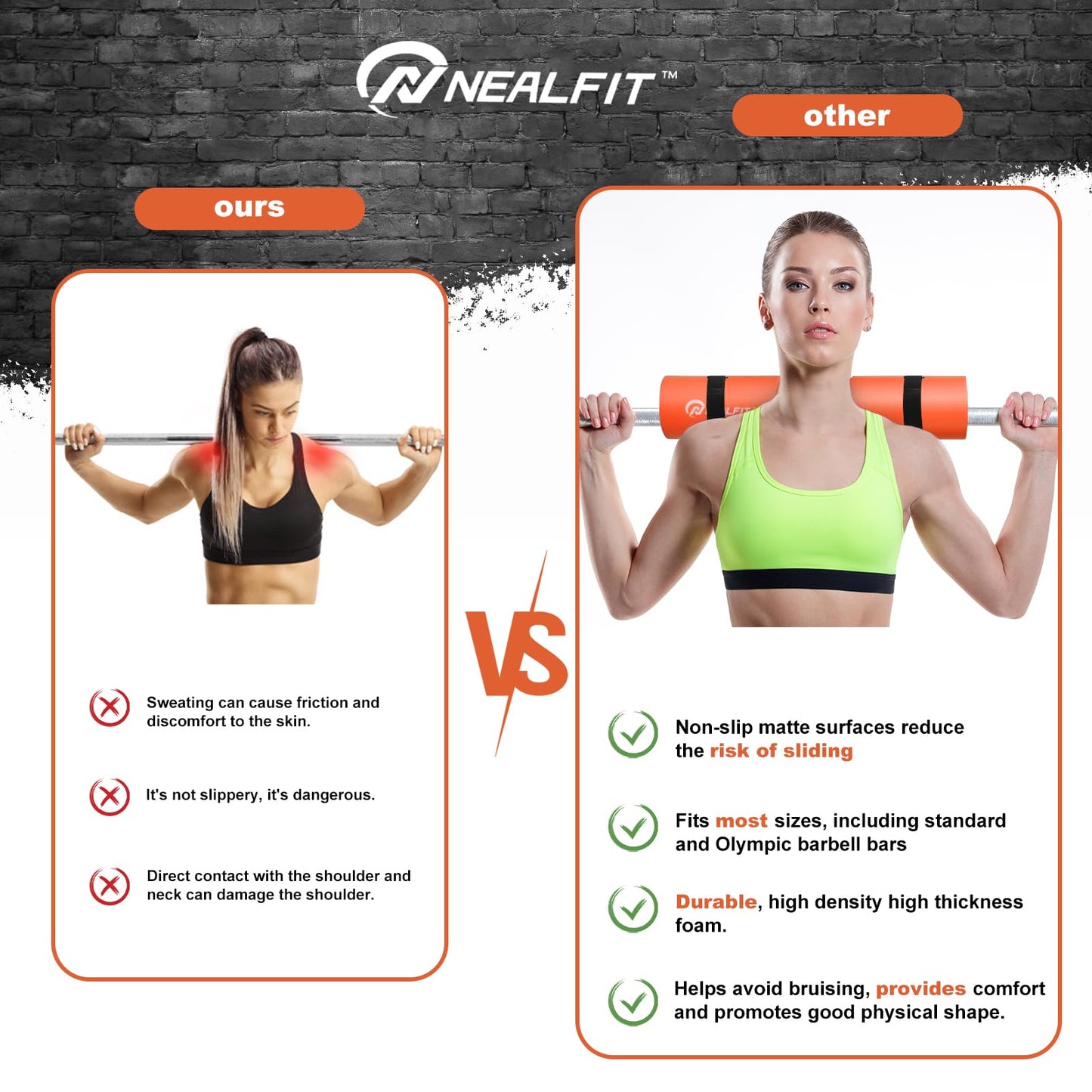 NEALFIT Barbell Pad Squat Pad for Squats—Squat Bar Pad—Great for Weightlifting,Lunges and Hip Thrusts—Foam Sponge Pad—Fit Standard and Olympic Bars Perfectly (Orange)