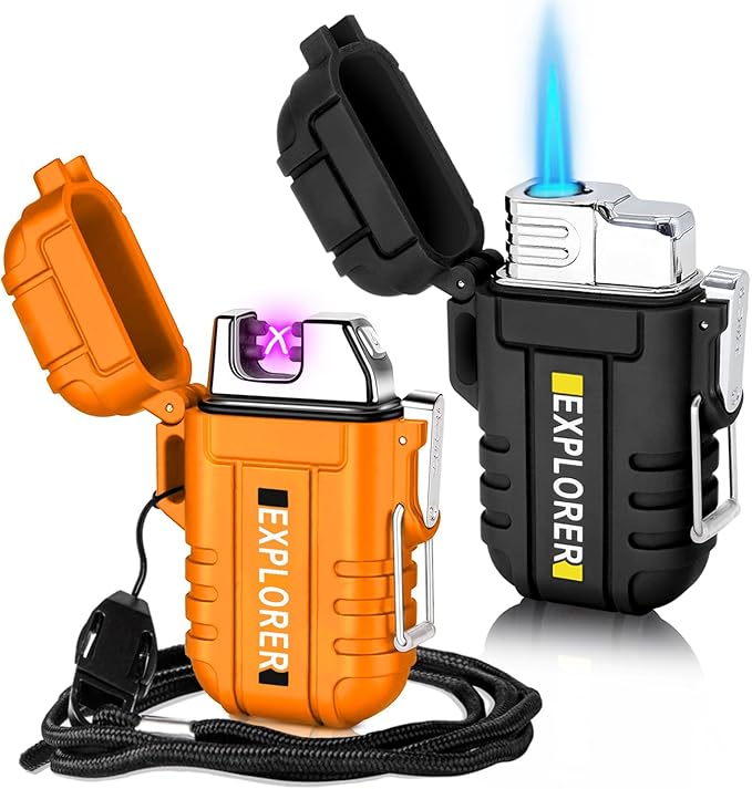 2 Pack Waterproof Lighter Outdoor Windproof Torch Lighters Dual Arc Butane Electric Lighters USB Rechargeable Lighters Fla...