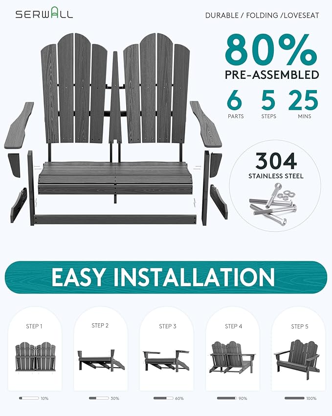 SERWALL Adirondack Bench, HDPE All-Weather Adirondack Loveseat, Outdoor Adirondack Chair for 2, Grey