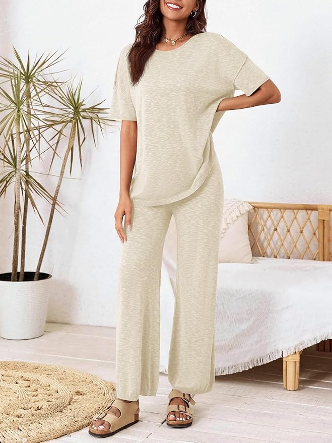 Tankaneo Women's 2 Piece Travel Outfits Casual Short Sleeve Knit Sweater Set Wide Leg Pants Lounge Sets Tracksuit