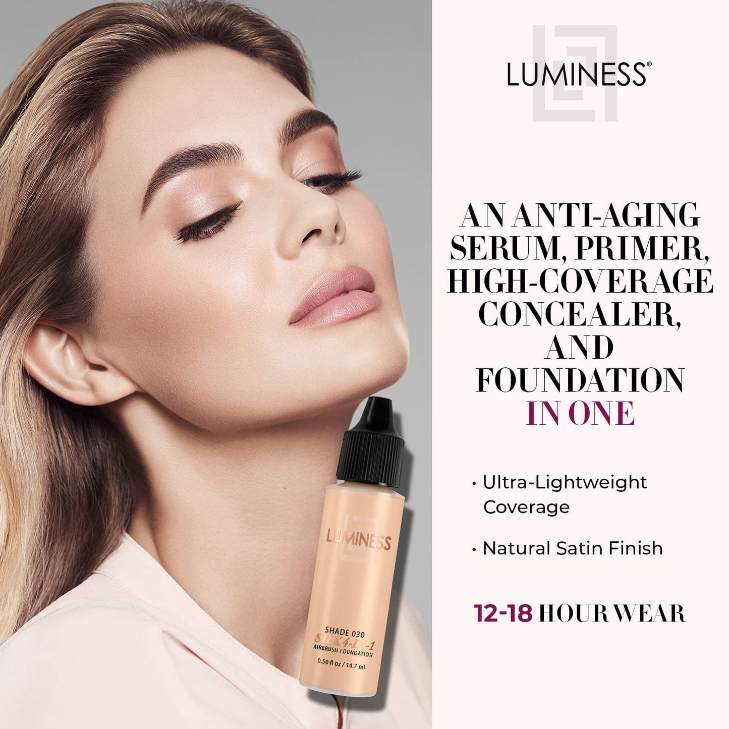 Luminess Air Silk 4-In-1 Airbrush Foundation- Foundation, Shade 030 (.5 Fl Oz) - Sheer to Medium Coverage - Anti-Aging Formula H