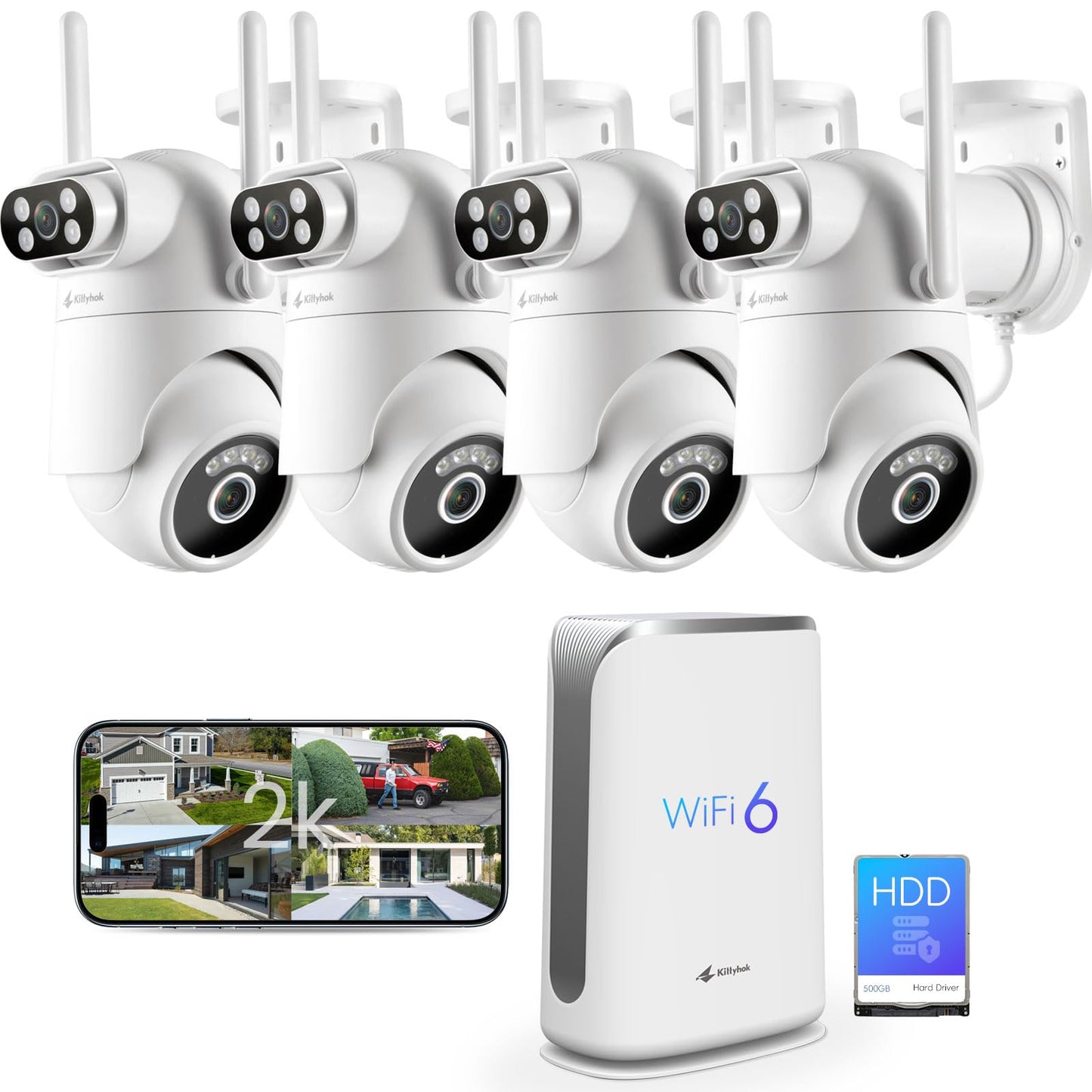 Home Security Camera System Wireless, Dual Lens 2K Security Cameras Wireless Outdoor with 2.4/5GHz WiFi, 360° PTZ, Auto Tracking, Motion Detection, Night Vision, 2-Way Audio, 10CH NVR with 500GB HDD