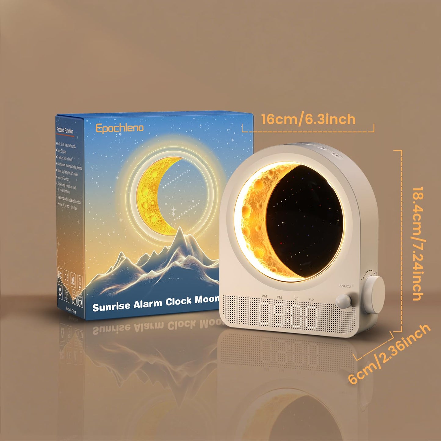Epochleno Sunrise Alarm Clock, White Noise Machine & Meteor Moonlight - 10 Soothing Sounds, Dual Alarms, 30/60/90min Timer, Easy Snooze - Bedroom Gift for Insomnia Adults/Women - White