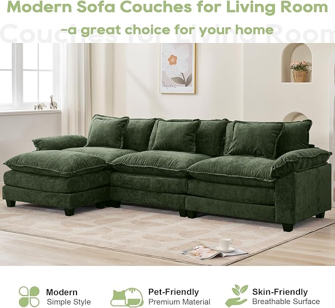 Oprisen 120" Modular Sectional Sofa, Comfy Cloud Couch Sectional Sofa with Ottoman, Chenille Sofa Sleeper Deep Seat Sofa with Throw Pillows for Living Room (Green, 120"- L Shape)