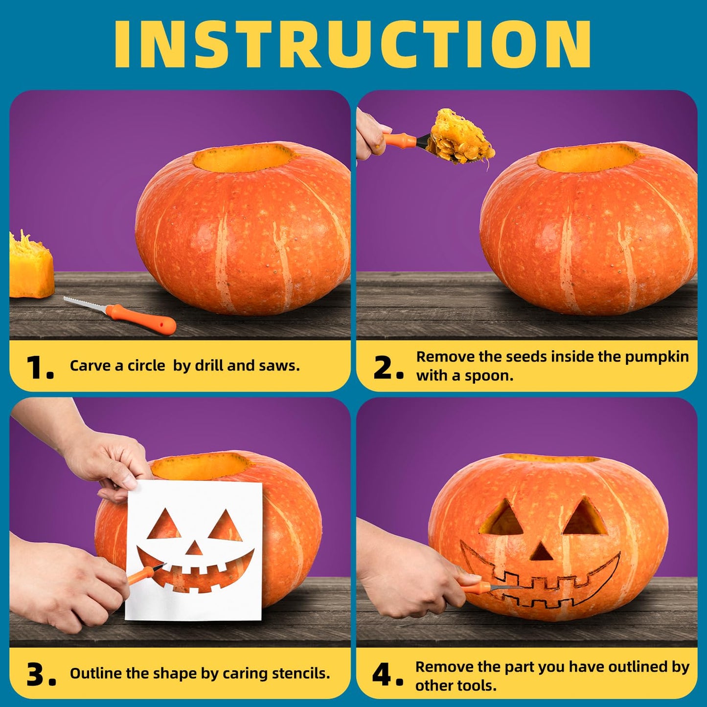 inin 12PCS Halloween Pumpkin Carving Kit with 12 Stencils & Hand Bag,Stainless Steel Pumpkin Carving Tools,Professional Pumpkin Decorating Set,Halloween Decorations for Kids & Adluts.