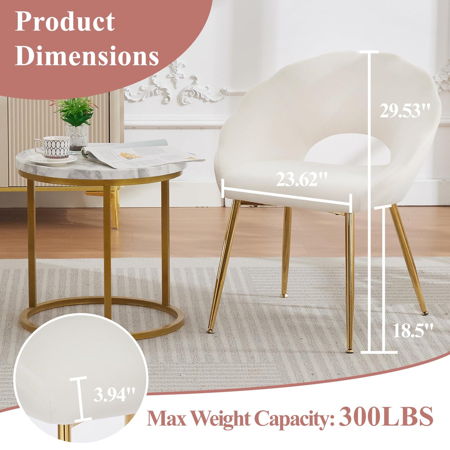 YDcosyfy Modern Small Accent Chair Set of 2, Comfy Velvet Vanity Chair with Shell Back & Golden Metal Legs, Decorative Chair no Wheels for Living Room, Makeup Room, Bedroom, Beige