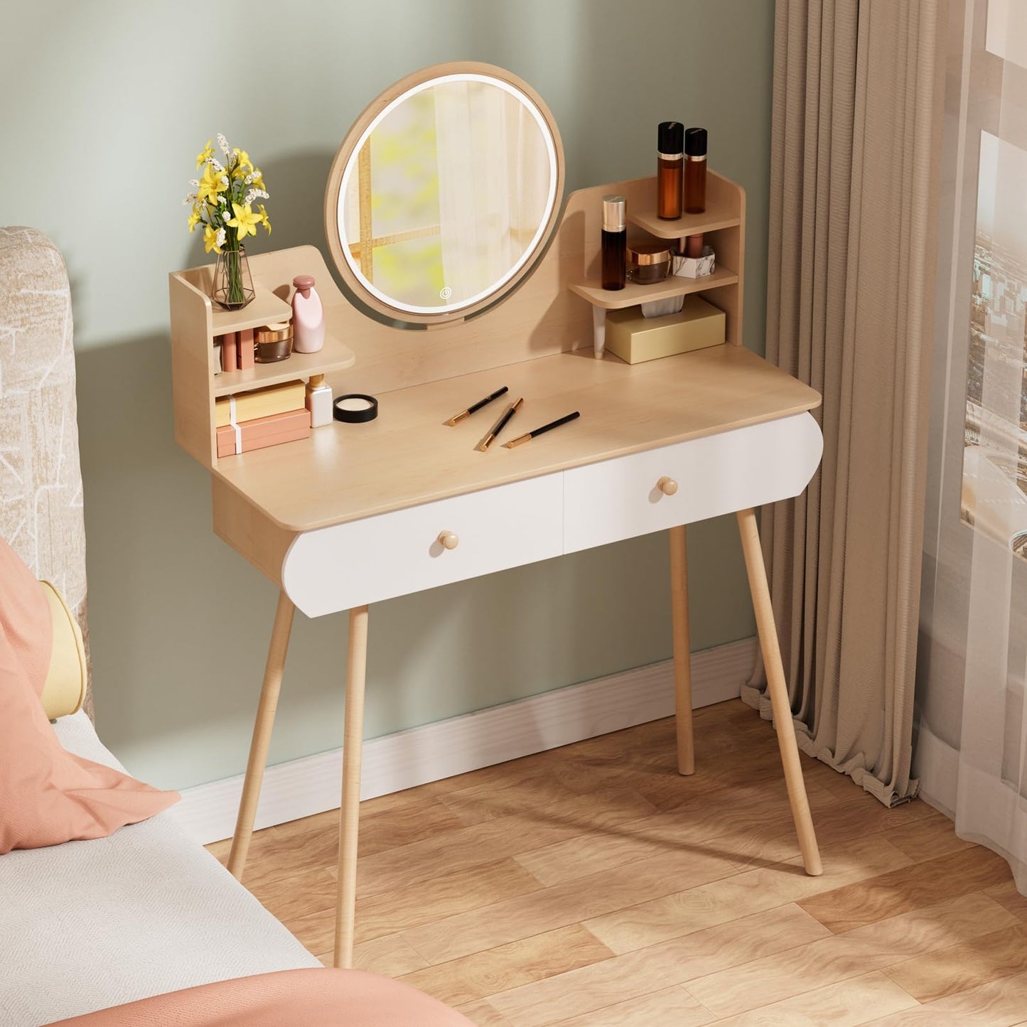 yoakaiax Vanity Mirror with Lights Makeup Vanity Desk with LED Lighted Mirror, Dressing Table with 2 Drawers and Opening Shelves, Bedroom Dressing Table, 3 Modes Brightness Adjustable Wooden Color