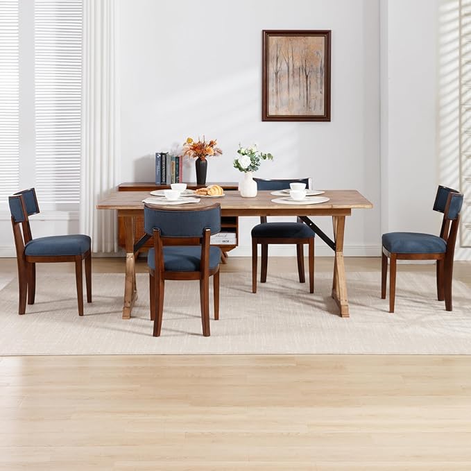 DM Furniture Upholstered Dining Chairs Set of 2 Farmhouse Kitchen Chairs with Solid Wood Legs Comfy Linen Accent Chair Modern Armless Side Chair for Dining/Living Room/Restaurant, Space Saving, Blue