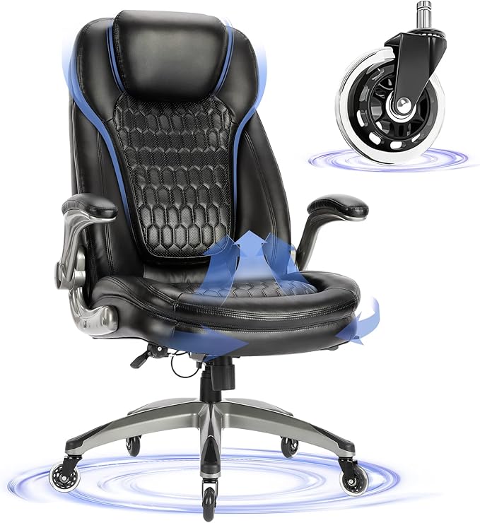 Executive Office Chair-Ergonomic Computer Desk Chair, High Back Leather Chair with Padded Flip-up Arms, Swivel Home Office...