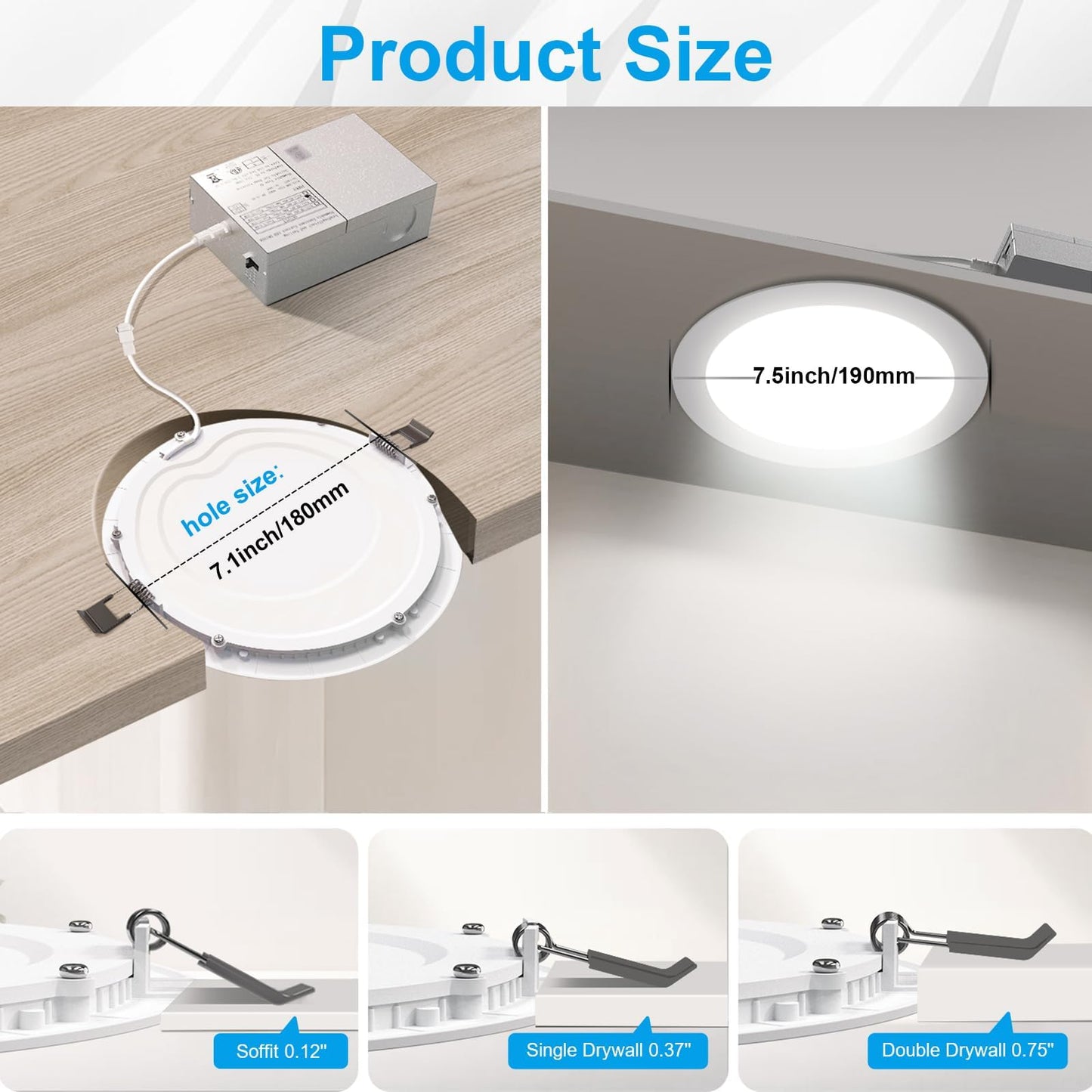 Elaruslux 12 Pack 7 Inch 3CCT Ultra-Thin LED Recessed Light with Junction Box, 3000K/4500K/6000K Selectable, 18W Eqv 125W, Dimmable Canless Downlight, 1600LM High Brightness