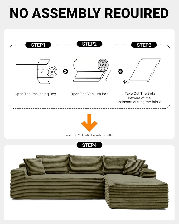 108 Inch Cloud Sectional Couch,Modern Modular Sectional Sofa with Deep Seat,Corduroy Boneless Couches with L-Shape Chaise for Living Room,No Assembly Required (Green, Right Facing Chaise)