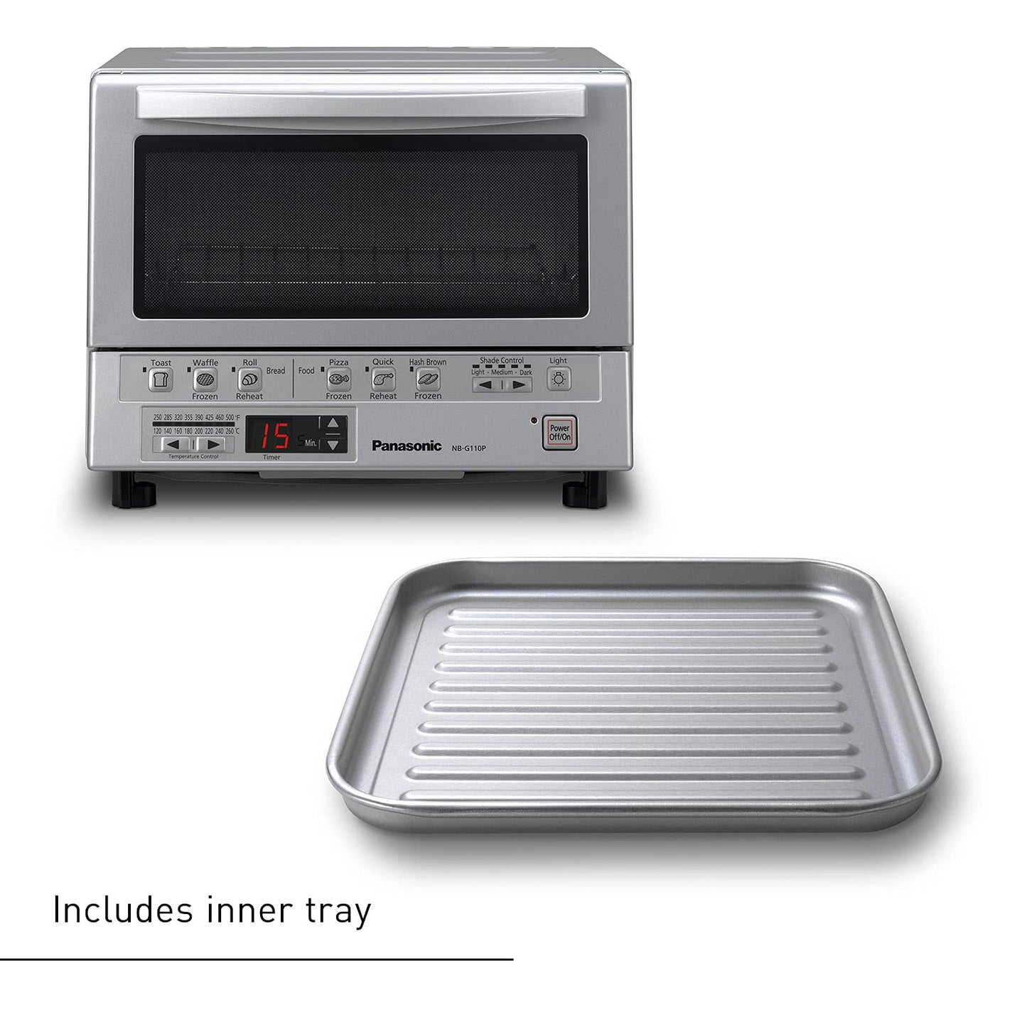 Panasonic FlashXpress Toaster Oven Countertop, 4-Slice Small Toaster Oven Compact Size with Double Infrared Heating, 6 Auto Cook Options and Precise Temperature Control, 1300W - NB-G110P (Silver)