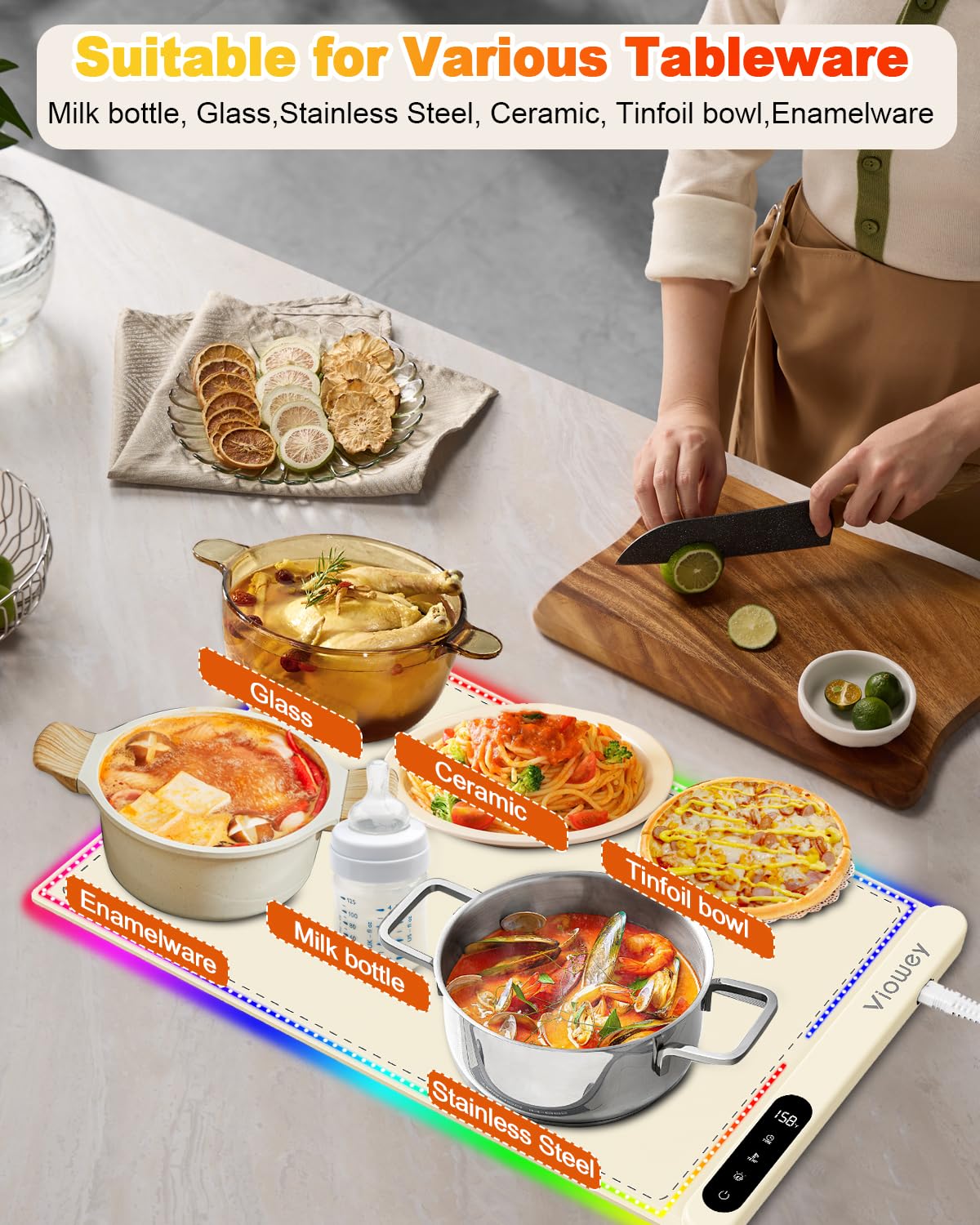 Food Warming Mat with Light, Electric Warming Tray with 6 Temperature Settings and 6 Hours Timer, Upgrade High-tech Graphene Heating Film, Versatile Food Warmer for Parties, Buffets, and Home Use