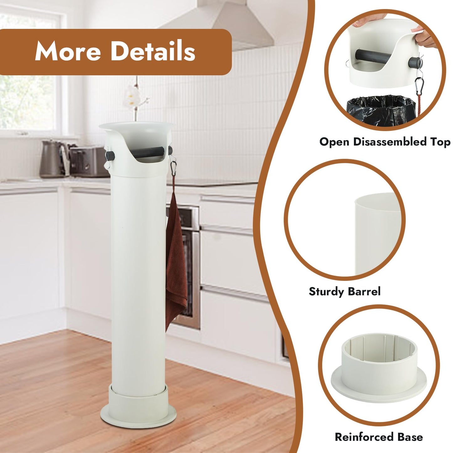 CURTA Espresso Coffee Knock Box with Garbage Bags(30Pcs), Commercial Knock Box for Coffee Grounds, Coffee Shop Kitchen Bar, White, Extra Large Collection Dump Bin