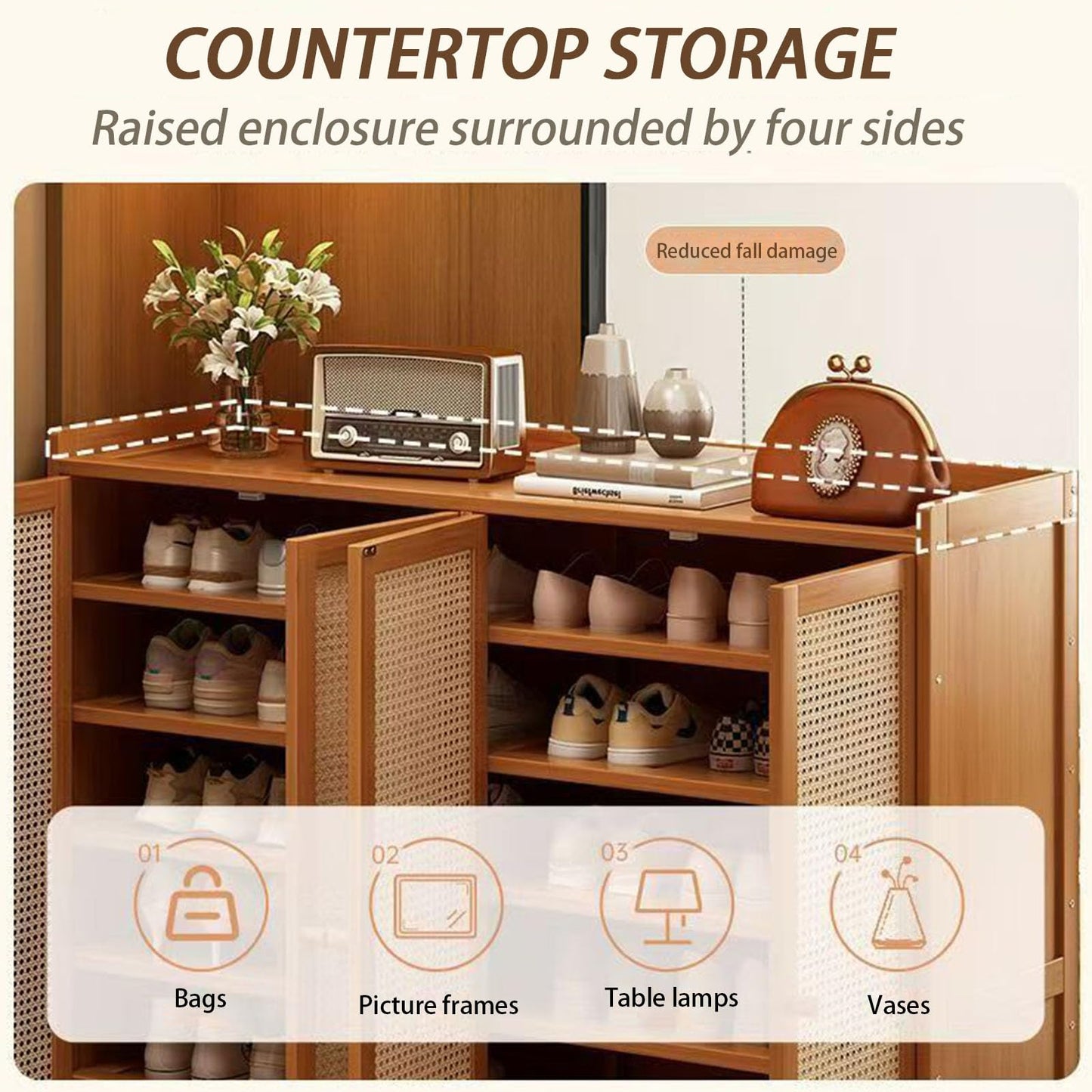Bamboo Shoe Cabinet, 8-Tier Shoe Storage Cabinet with Doors, Freestanding Bamboo Shoe Rack Organizer with Shelves for Entryway, Hallway, Closet, Living Room (Brown-5)