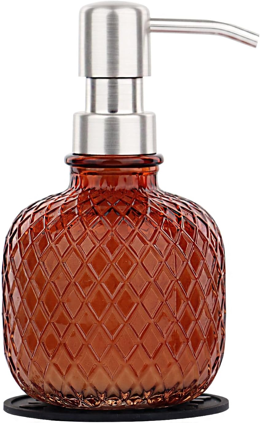 Soap Dispensers with Silicone Mat, for Kitchen and Bathroom Contertop Wash Hand Liquid, Dish Detergent, Farmhouse Style Shampoo Lotion Pump (1, Brown Glass with Silver, 3-1/2" x 3-1/2" x 6-1/4")