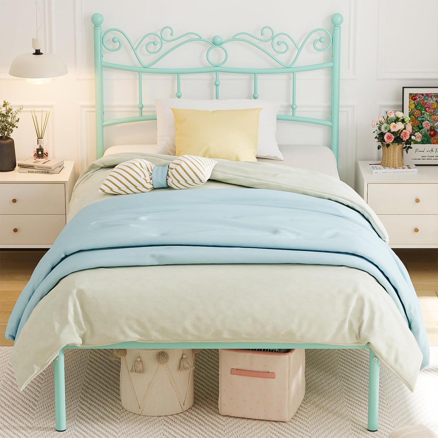 Merronix Twin Bed Frames with Headboard, Elegant Metal Bed Frame for Kids Girls, Modern Twin Size Platform Bed - No Box Spring Needed, 11.2 Inches Height Underbed Storage - Mint Green
