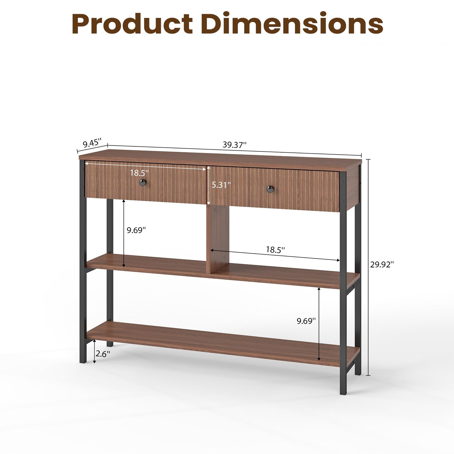Manora Fluted Console Table with Wooden Drawers, Slim Entryway Table with Open Shelf, Tall Thin Side Table for Couch, Small Sofa Side Table for Hall, Hallway, Bedroom, Living Room, Foyer, Walnut