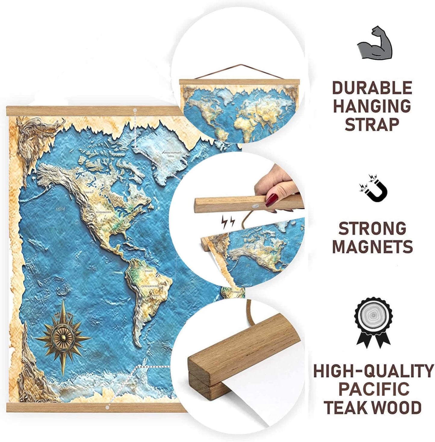 DACRI HOME 52" Magnetic Poster Hanger Frame - Sturdy Teak Wood Poster Frame 52x20 52x32 52x36, Strong Magnets for Easy Hanging Map Picture Canvas Print Scroll Wall Art (52 Inch, Natural Wood)