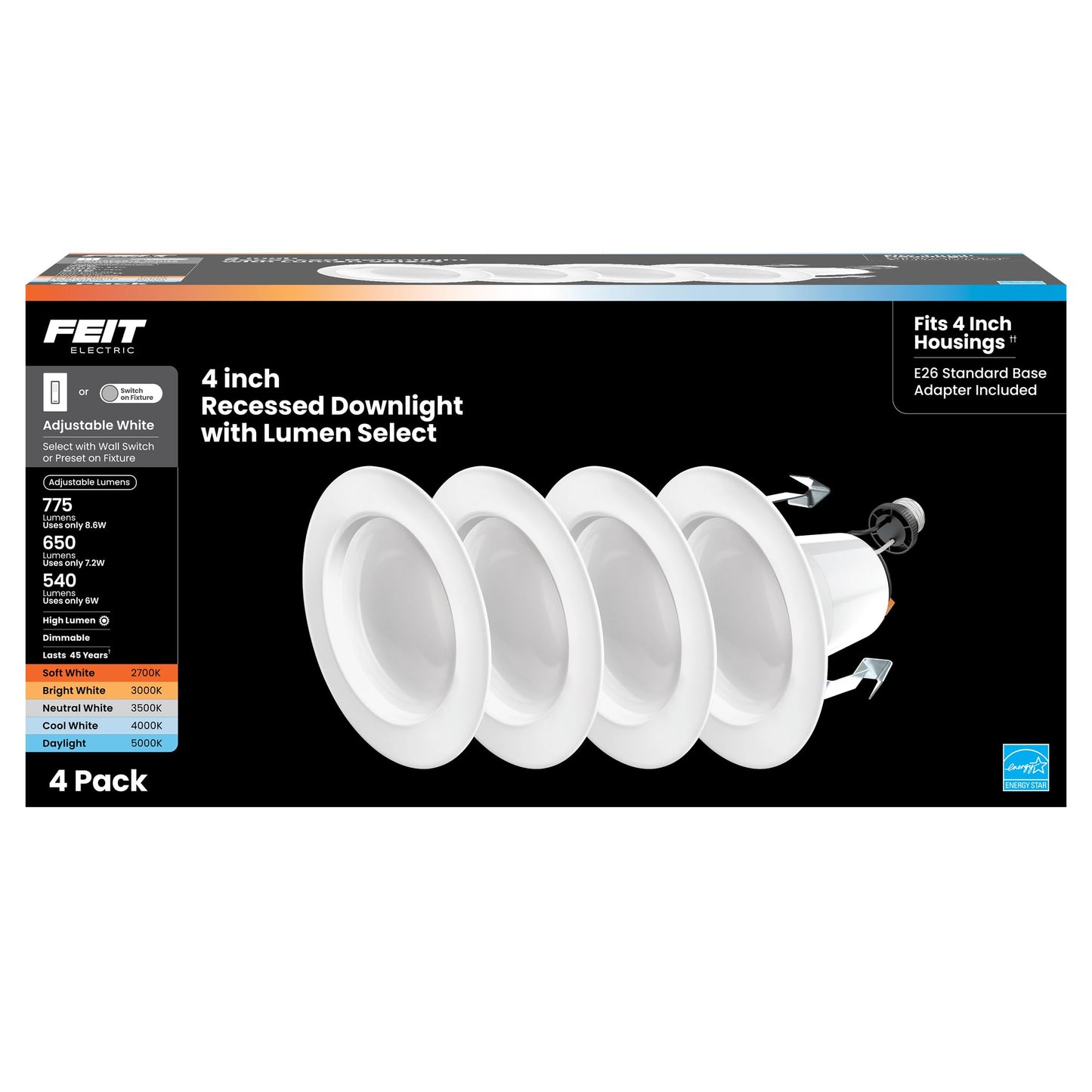 Feit Electric 4" Recessed LED Downlight, 75W Equivalent, Dimmable, Retrofit with E26 Adapter, 5CCT High Output, Light Switch Enabled, Lumen Select, 45-Year Lifetime, LEDR4HO/6WYCA/4, 4 Pack