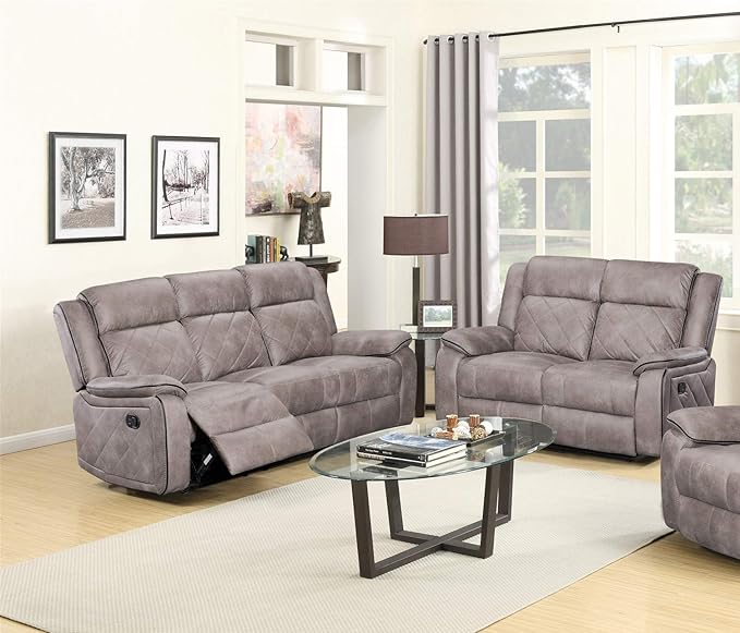 GTU Furniture Double Reclining Sofa and Loveseat, Grey Polished Microfiber Living Furniture Set (Sofa+Loveseat)