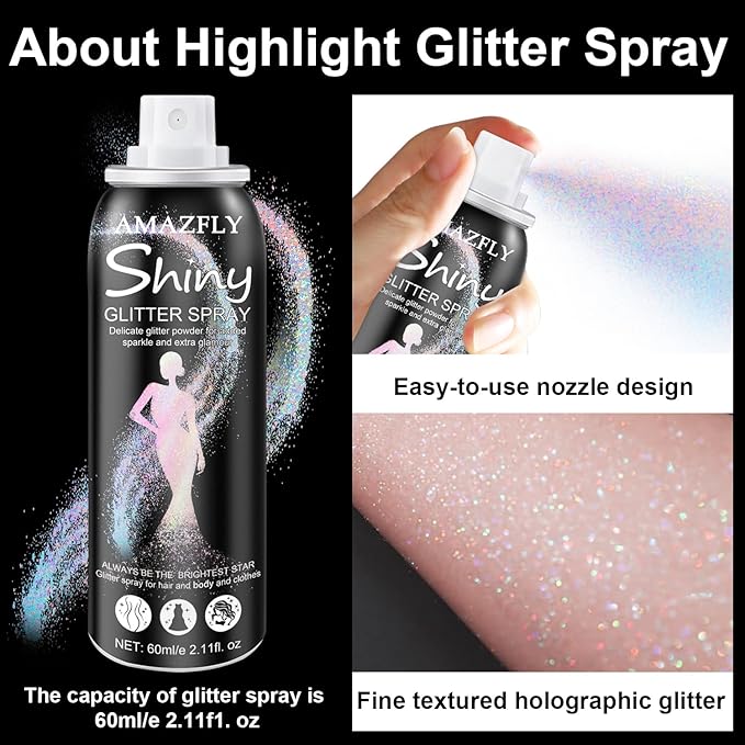 Hair and Body Glitter Spray, Aerosol Glitter Spray for Hair and Body, Long-Lasting and Quick-Drying Silver Glitter Hairspray Suitable for Stage, Festival Rave and Makeup Prom (Rainy-Rainbow)
