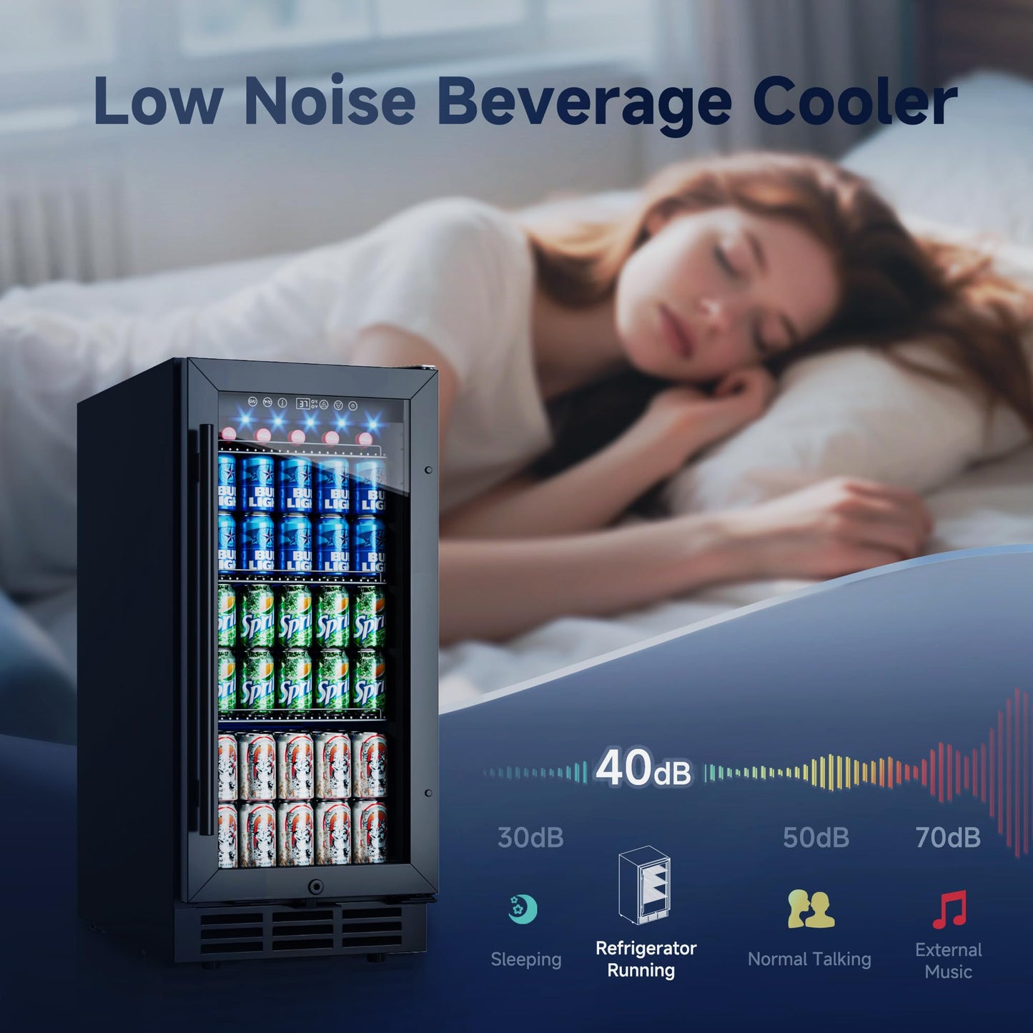 ICEVIVAL 15 Inch Beverage Fridge, 132-Can Capacity Under Counter Refrigerator with Blue LED Display, Beverage Refrigerator with Glass Door & Adjustable Shelves for Home, Bar, Office (Black)