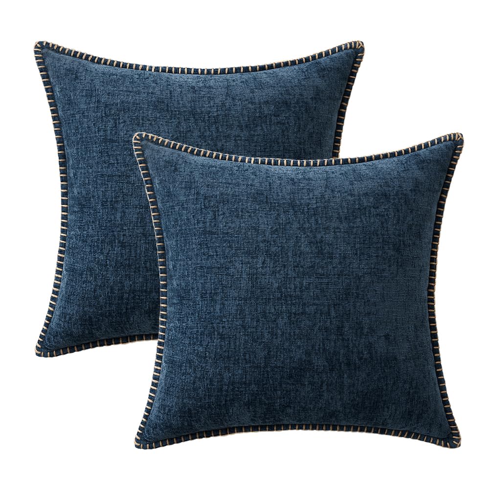 MIULEE Pack of 2 Couch Throw Pillow Covers 18x18 Inch Coastal Navy Blue Farmhouse Decorative Pillow Covers with Stitched Edge Soft Chenille Solid Dyed Spring Pillow Covers for Sofa Bed Living Room
