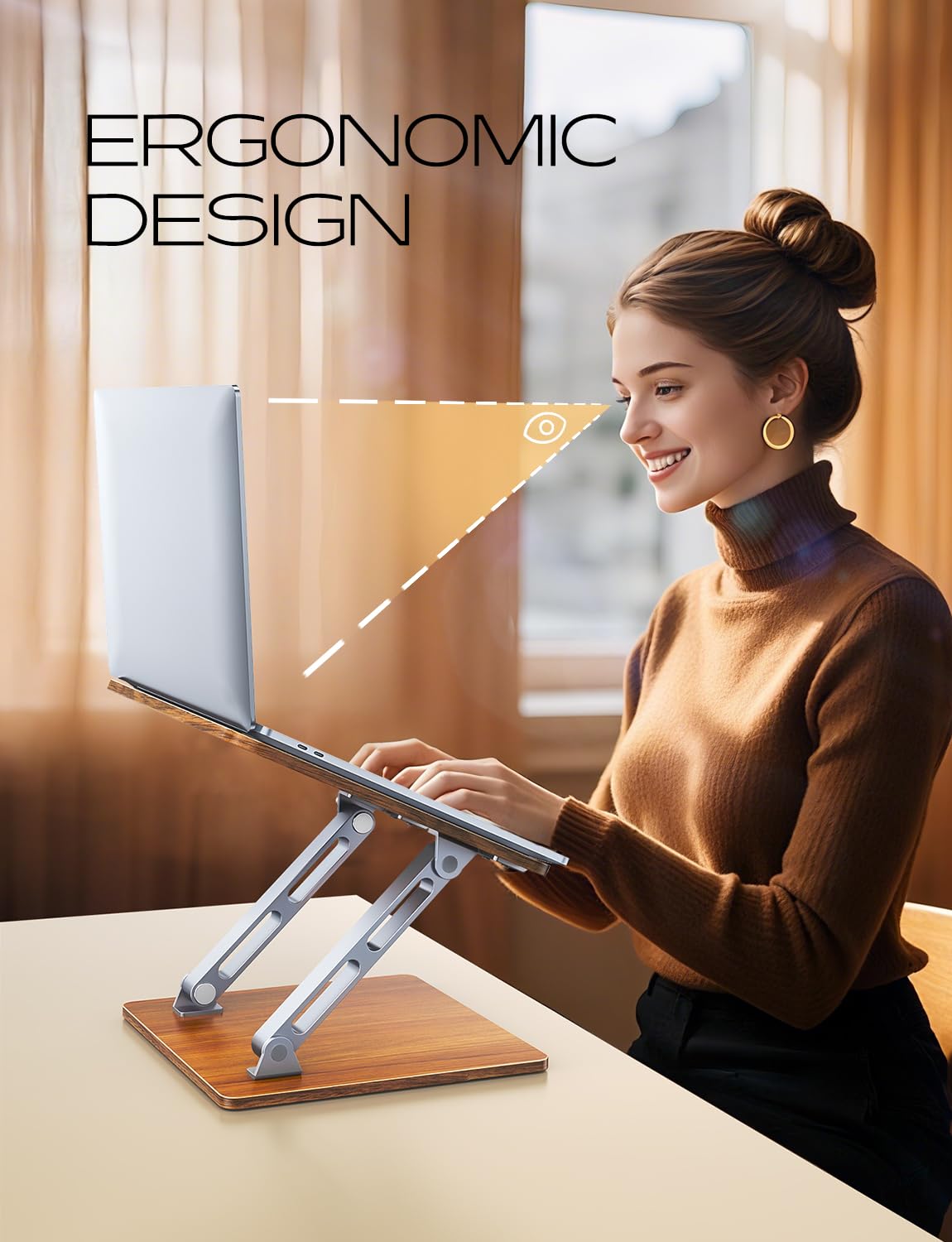 Niweya Ergonomic Laptop Stand, Wood & Aluminum Computer Stand with Adjustable Angle, Foldable Dual-Bar Laptop Riser Holder Stand for Desk, Compatible with MacBook, Dell, HP 10-16" (Royal Teak Grain)