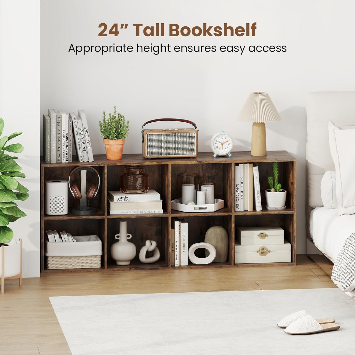 Giantex 8-Cube Bookcase, Floor Standing Bookshelf with Storage & 2 Anti-Tipping Kits, Open Storage Organizer, Cubby Wooden Book Shelf for Living Room, Study & Bedroom, Rustic Brown