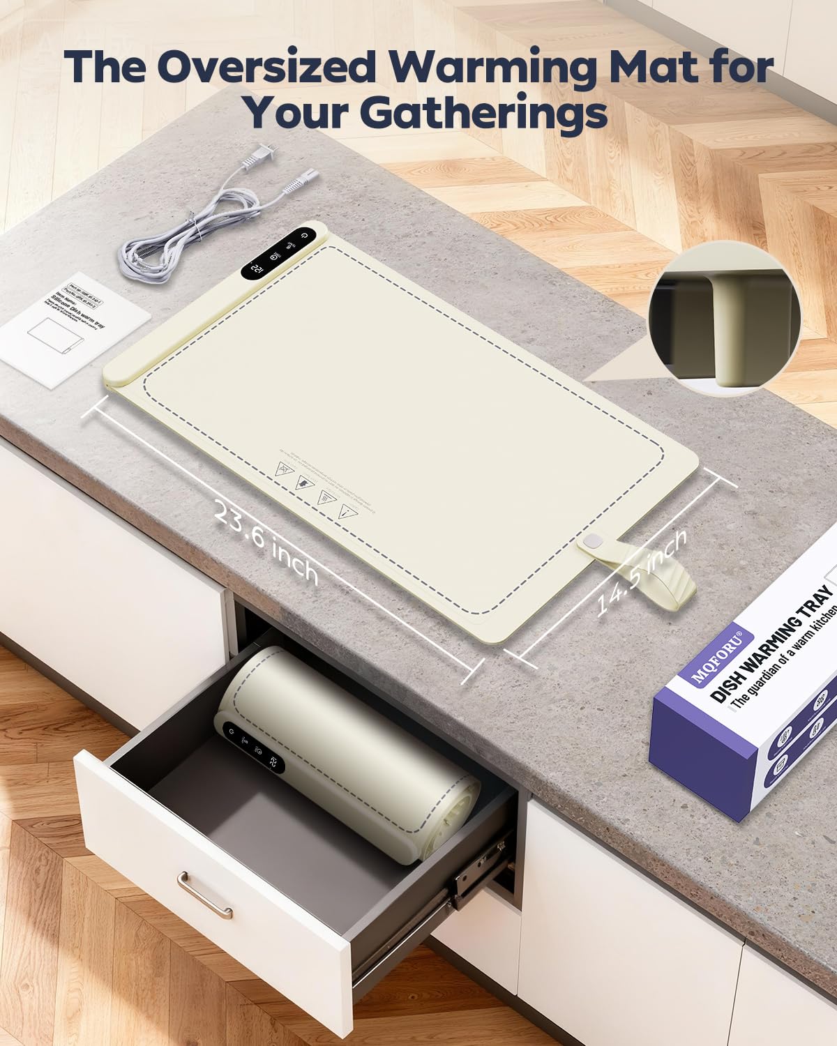 Food Warming Mat for Buffet,5s Full Surface Heating,Electric Warming Tray with 3m Power Cord,Roll Up Warming mat for Food,6 Level Adjustable TEM&6H Timer,Auto-Off (Beige, 23.6"×14.5"×0.47")