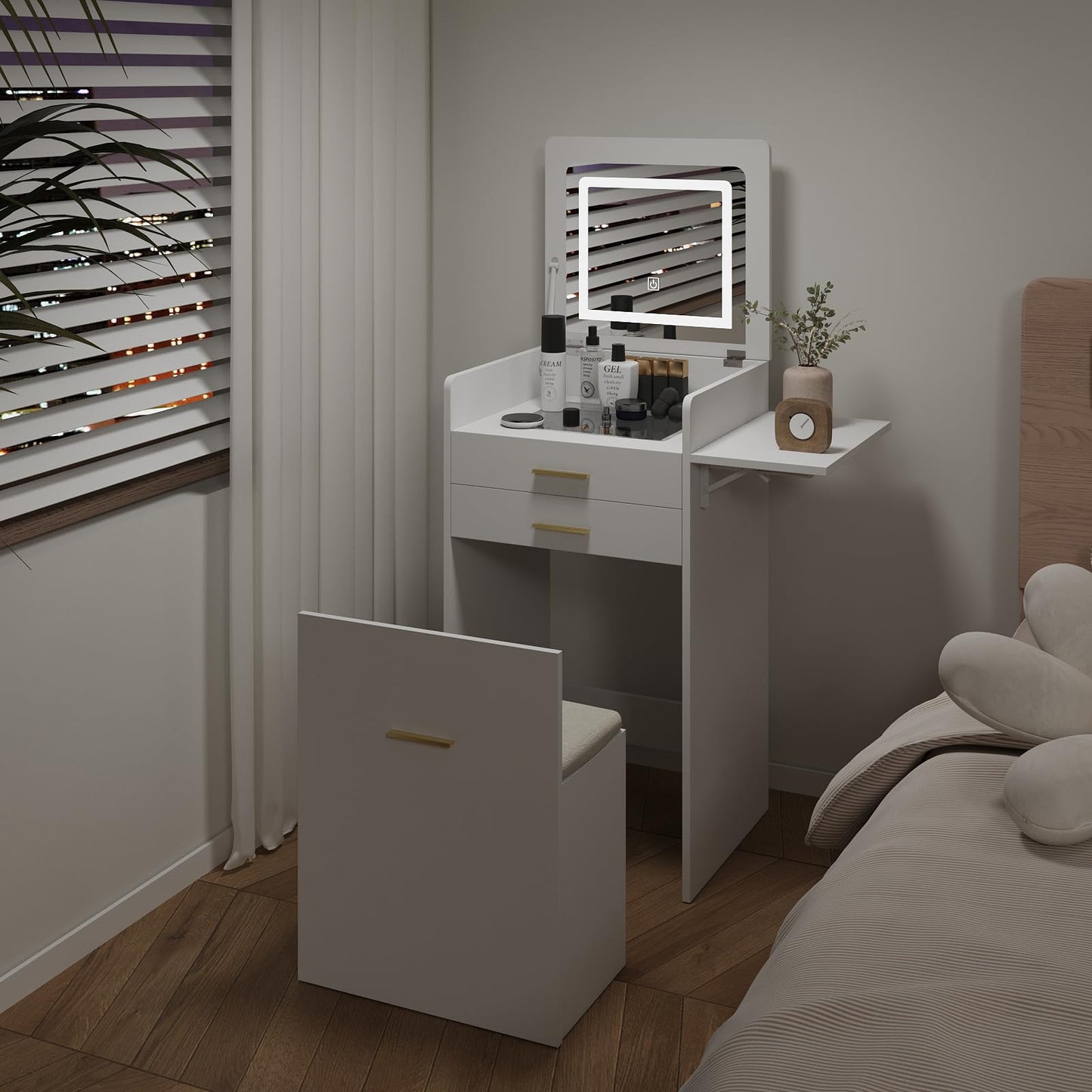 ARTETHYS Small Vanity Desk Set with Flip-top Mirror and Lights White Integrated 3 in 1 Makeup Vanities Set for Compact Space Mini Dressing Table with Fold-up Panel and Storage Chair for Bedroom