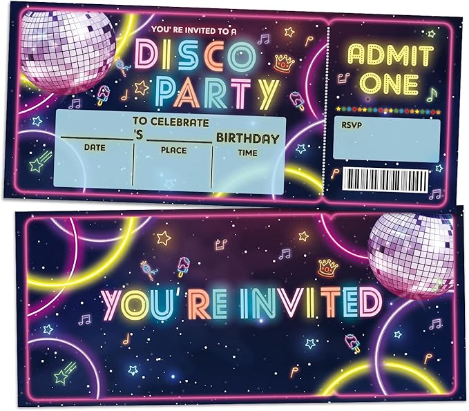 ZARYFANCHY Disco Birthday Party Invitations, Neon Dance Party Invites VIP Tickets, 20 Count Invite Cards With Envelopes, B...