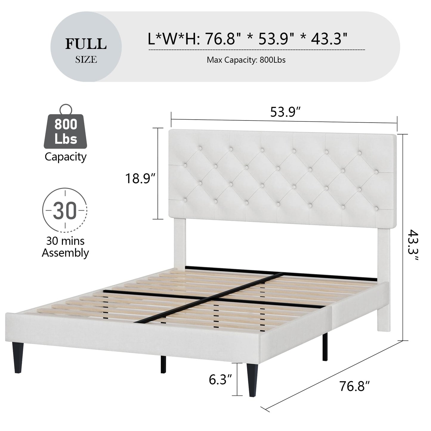 Full Size Bed Frame with Headboard, Upholstered Platform Bed with Adjustable Button Tufted Headboard, Fabric Bed Frame with Wooden Slats Support, No Box Spring Required, Easy Assembly, White