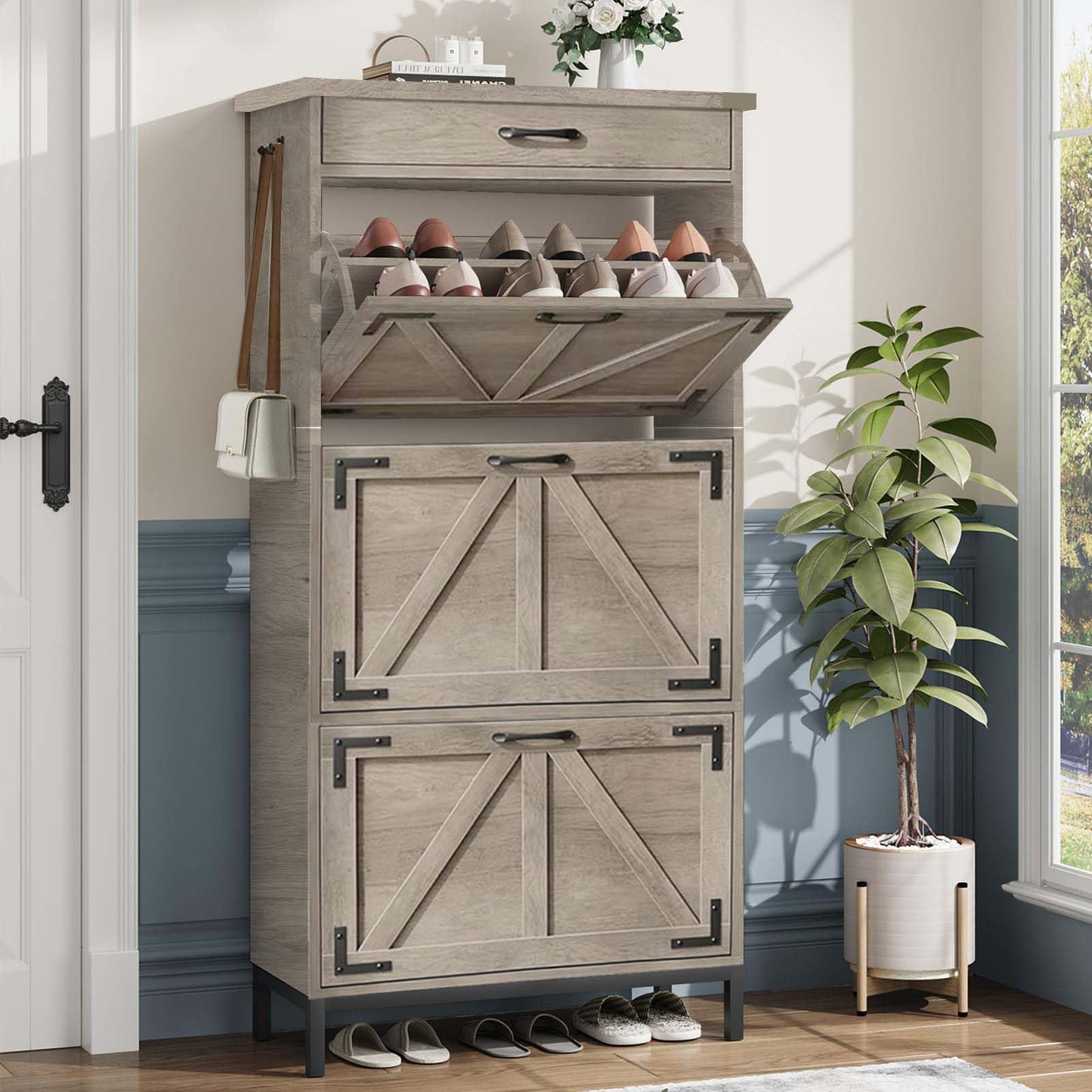 Jocoevol Shoe Cabinet Storage for Entryway with 3 Flip Drawers and 1 Top Drawer, Freestanding Hidden Narrow Shoe Cabinet with Metal Legs for Foyer, Hallway (Grey)