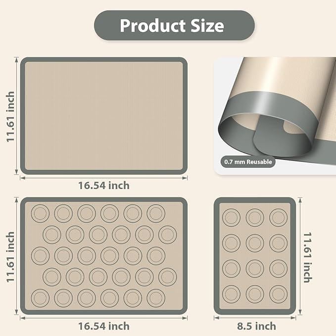 Macaron Silicone Baking Mats, 3 PCS Non Stick Macaroon Mat Silicone for Macarons, Cookie, Pastry, Gray