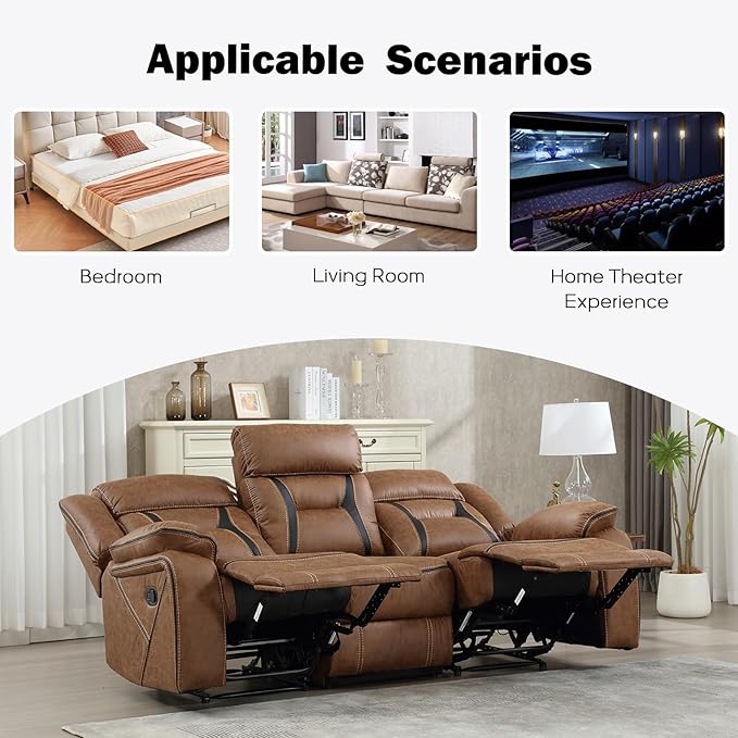 EBELLO Faux Leather Manual Reclining Sofa, 3 Seat Recliner Sofa Chair, Couch Furniture for Living Room, Furniture, Meeting Room, Brown (3 Seat Sofa)