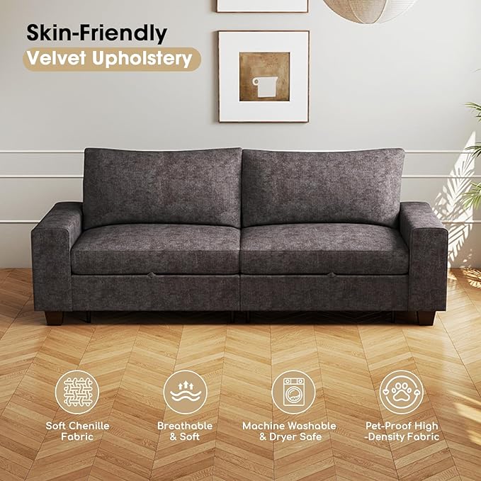 Couchus 88" Upholstered Sofa Couch with Seats Storage, Chenille Fabric Couch for Living Room, Office, Apart W/Deep Seat, Wide Arms, Side Pockets,Removable Cover (Dark Grey)