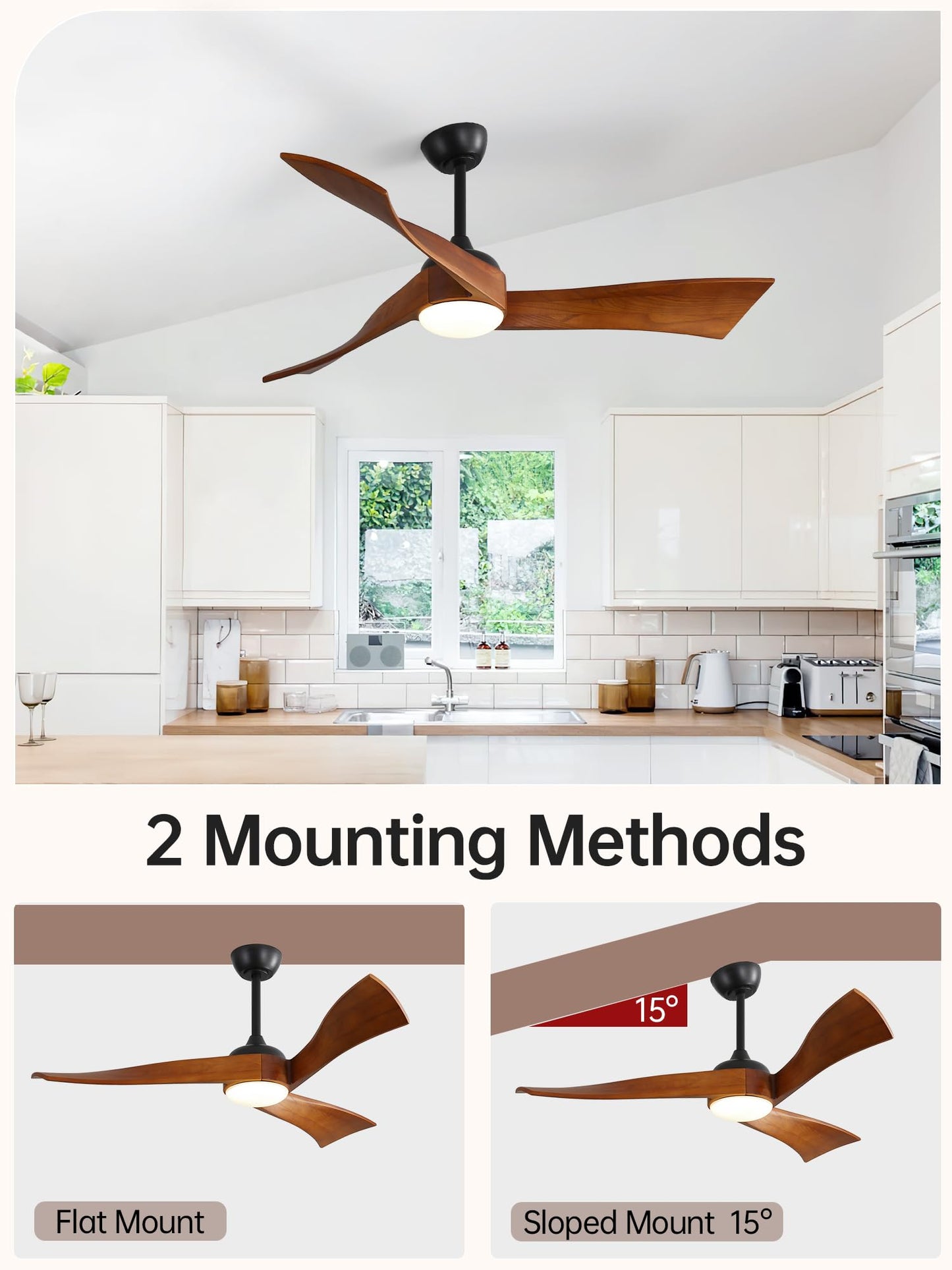 Sofucor 52 Inch Ceiling Fans with Lights, Solid Wood Indoor/Outdoor Ceiling Fan with Remote, Reversible DC Motor, 3 Blade Modern Ceiling Fan Light, Low Profile Ceiling Fans for Bedroom Patio Kitchen